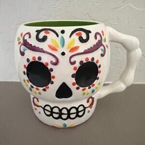 LANG By Design Sugar Skull Coffee Tea Mug BEAUTIFUL EMBOSSED! Green Inside